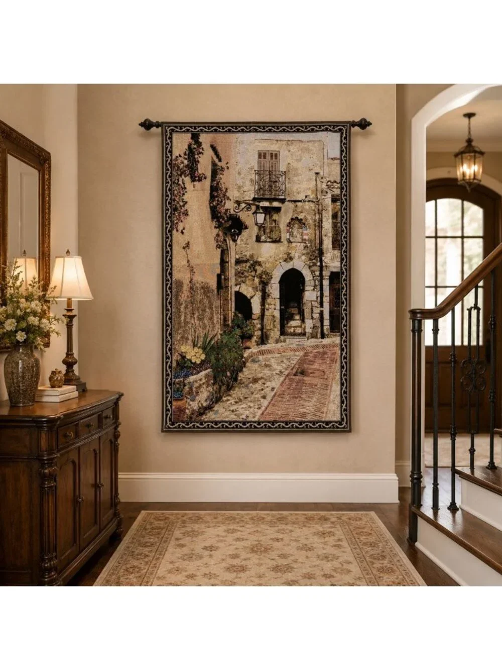 Cat in a Window Italian Villa Courtyard Grande Tapestry Wall Hanging